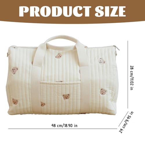 Quilted Duffle Bag, 18.9x9.5x11 Inch Quilted Weekender Bag with Handle and Strap, Bear Pattern Cute Duffle Tote with Pocket and Zipper for Women Travel Hospital, Diaper, Gym, Baby Hospital3