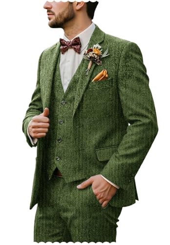 Men's Retro Tweed 3 Piece Suits Slim Fit Herringbone Wedding Set Blazer Jacket Vest Pants for Men