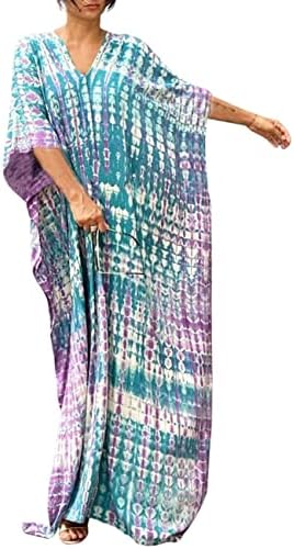Bsubseach Women Print Beach Kaftan Dress Short Sleeve Plus Size Bathing Suit Cover Ups