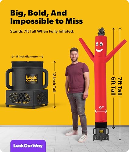 Image of LookOurWay Air Dancers Wacky Waving Inflatable Tube Guy - 7ft Tall Inflatable Advertising Waving Dancing Man with Sky Dancer Blower - Red
