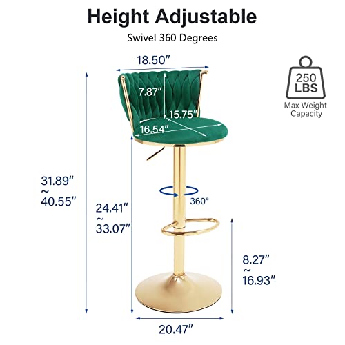 Hanlives Velvet Bar Stools Set Of 2,360° Woven Modern Adjustable Gold Bar Stools,Swivel Counter Height Barstools With Backs Gold Metal Tall Kitchen Chairs For Bar Pub Cafe(Green*2) #TOP2