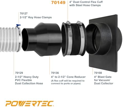 POWERTEC 70322 4" to 2-1/2" Dust Control Flex Hose Clamps, Black, Reducer + Cuff (4")
