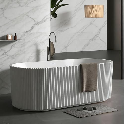 67'' Freestanding Bathtub, Deep Soaking Tub, Non-Slip Base, Acrylic, CUPC Certified Free Standing Tub, Chrome Drain Bath Tub, Modern Tub for Bathrooms, White