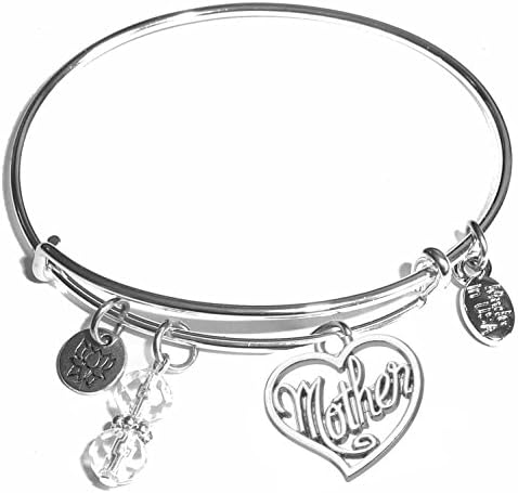 Hidden Hollow Beads Women's Stainless Steel Message Charm Expandable Wire Bangle Bracelet, Very Popular and Stylish, Arrives in a Gift Box. (Mother)