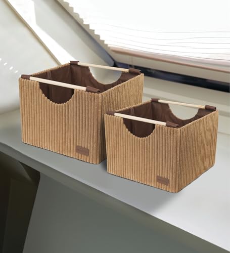 Image of OBSESSIONS Compact and Durable Set of 2 Foldable Laundry Baskets ? Maximize Space with Multi-Storage Design, Easy to Use and Travel-Friendly, Camel Color,Dimensions (W)32 x (L)33 x (H)24 cm