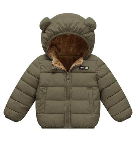 Toddler Boy Thick Sherpa Fleece Coat Zip Up Bubble Outwear Plush Puffer Teddy Jackets Hooded Down Hoodies Army Green 2-3T