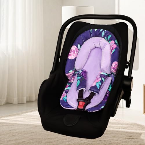 Image of Baby Car Seat Head Support with Extra Headrest, 2-in-1 Babybody Supports with Shoulder Pads Set for Newborn, Adjustable Infant Car Seat Insert Compatible with Stroller, Baby Swing (Purple Flower)