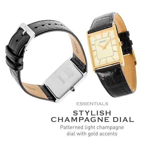 SEIKO Essentials Watch for Men - Water Resistant with Stainless Steel Rectangular Case and Leather Strap