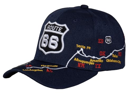 Image of TOP HEADWEAR Route 66 Embroidered Baseball Cap Americana Travel Hat | Mens Womens Historic Highway Inspired Style & Detailed Road Map Embroidery