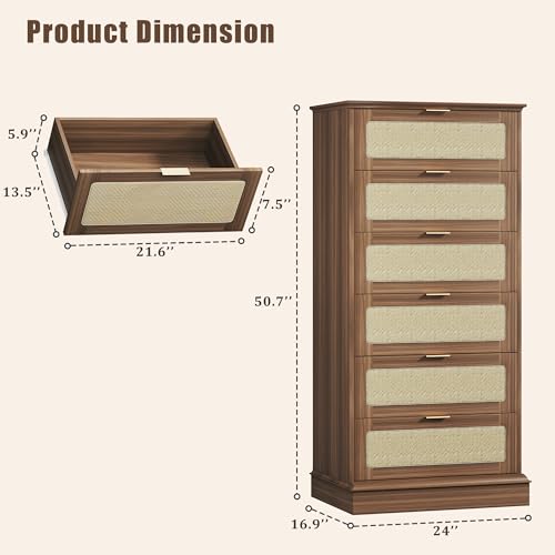 Image of HUAHUU 6 Drawer Dresser for Bedroom, 50 Inch Tall Dressers & Rattan Chest of Drawers, Mid Century Style, Wood Modern Dressers Organizer for Bedroom, Living Room, Hallway, Entryway, Walnut