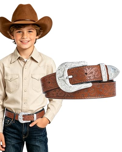Kajeer Boy Western Belt for Kids Cowboy Leather Belt Vintage Engraved Embossed Buckle Western Belts for Jeans Gifts