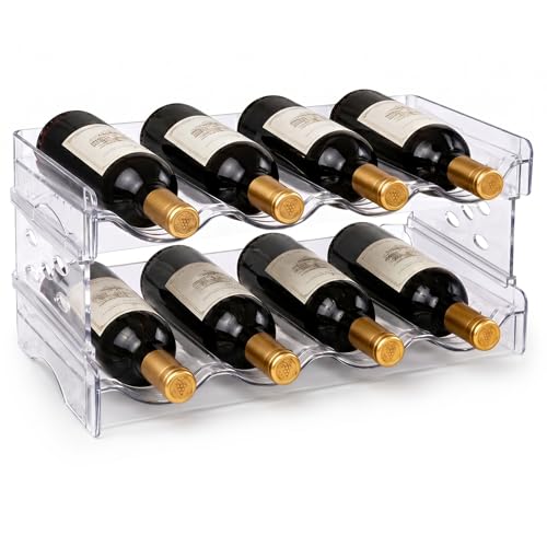 Stackable Acrylic Wine Rack, 2 Tier Clear Wine Bottle Holder | for Fridge and Countertop, Holds 8 Bottles, Space Saving Storage for Cabinet, Pantry and Bar