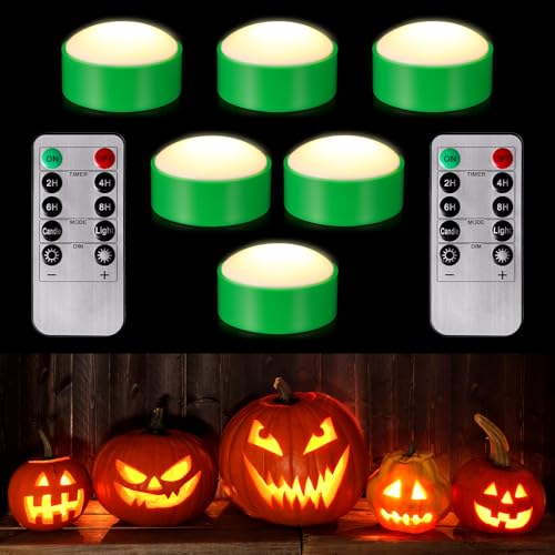 Image of Riakrum 6 Pieces Halloween Remote Timer LED Lights with Remote Summer Halloween LED Pumpkin Lights Battery Operated Lantern Bright Flameless Candle(Green,Warm Light)