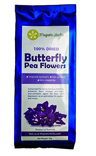 Butterfly Pea Flowers (Clitoria ternatea) by Majestic Herbs | 100% Organic/Pesticide Free | Highest Quality | Carefully Selected Dried Asian Pigeonwings Flowers Blue Tea From Northern Thailand | 50g