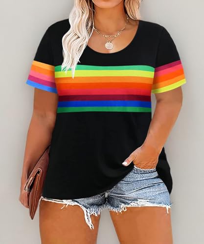 Image of CARCOS Plus Size Tops for Women Short Sleeve Summer Pullover Color Block Crewneck /V Neck Tee Tunic Loose Fit Tshirts XL-5XL