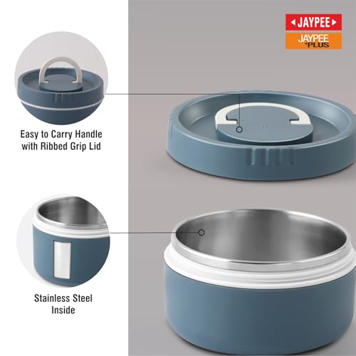 Image of Jaypee Plus Snackpac Airtight Leakproof Container 400 ml Lunch Box for School, Office, Ideal for Snacks and Meal, Keeps Food Hot & Fresh Inner Stainless Steel Easy to Carry Handle, Mirror Grey