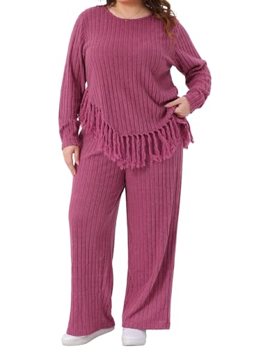 Agnes Orinda Plus Size 2 Piece Lounge Set for Women Crew Neck Long Sleeve Asymmetrical Fringe Hem Casual Outfits2