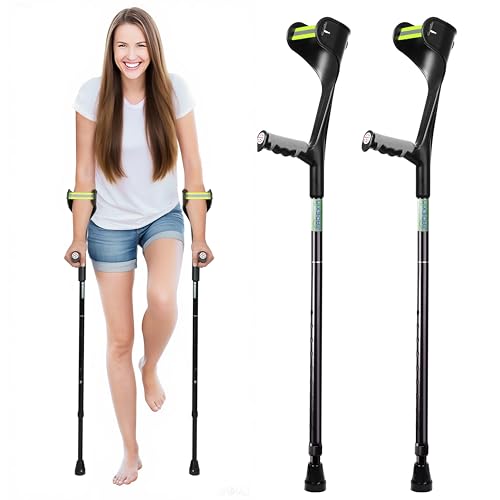 Forearm Crutches for Adults,Open Cuff,Handle with Light Reflector,Foldable and Height-Adjustable Elbow Crutches,High Density Sturdy Aluminum,A Pair, Black
