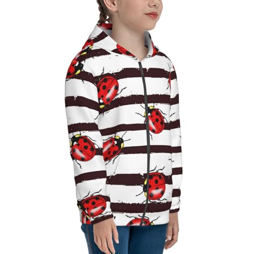 Ladybugs on Black and White Striped1 Kid Hoodies Boys Zip Up Sweatshirts Girls Pullover with Pocket4