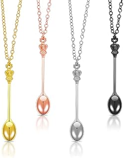 ASTER 4 Pieces Spoon Necklace Mini Crown Snuff Spice Teaspoon Pendant Antique Style Spoon Necklace Charms for Women Gifts (Gold, Silver, Rose Gold, Black)