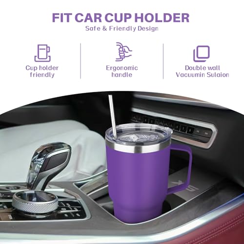 Image of 30 oz Tumbler with Handle, Stainless Steel Insulated Tumbler with Lid and Straw, Double Wall Vacuum Insulated Coffee Mug Tumbler, Insulated Coffee Thermal Cup for Cold and Hot (Purple)
