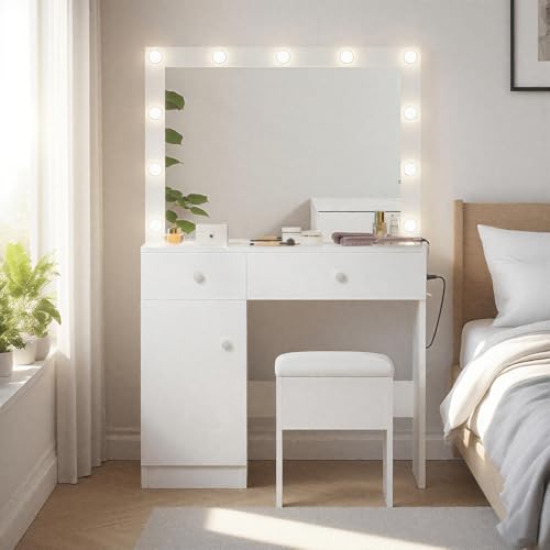 Haewon Makeup Vanity Desk with Lighted Mirror, White Vanity with Chair Power Outlet Drawers Cabinet, Dressing Table Set with 3 Lighting Modes for Bedroom