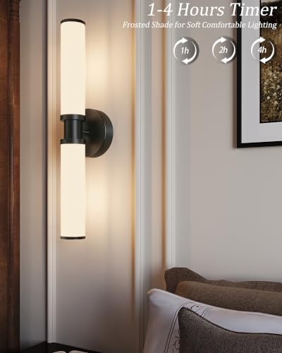 Image of Rayogale Black Rechargeable Battery Operated Wall Sconces with Remote | White Glass Wireless Wall Lights Set of 2 with Timer Function Dimmable for Living Room Bedroom Emergency 3000K, 20.5 Inch