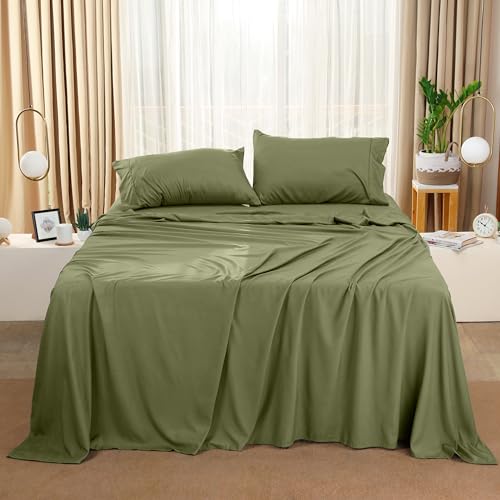 Image of Utopia Bedding Queen Size Sheet Set - 4 Piece Bed Sheets, Soft and Breathable Microfiber, Includes 1 Fitted Sheet, 1 Flat Sheet and 2 Pillowcases - Oeko-Tex - (Olive) (Pack of 2)