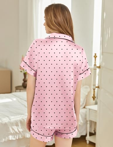 Image of Silk Pajamas for Women Short Sleeve Sleepwear Soft Button Down Loungewear 2 Piece Satin Pjs Shorts Set S-XXL