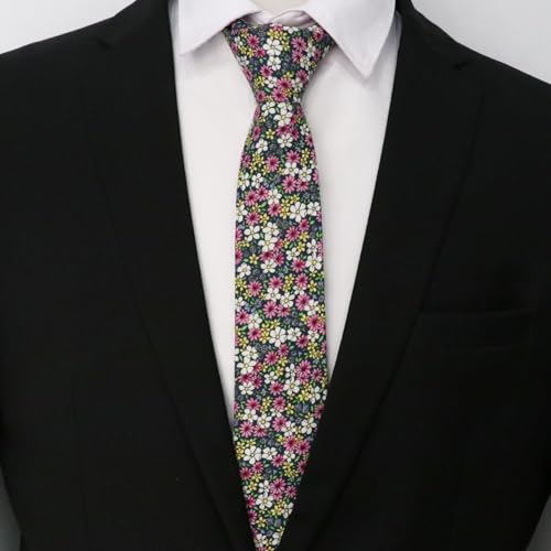 Image of Cotton Floral Ties for Men 2.76 inch Men's Skinny Tie Linen Flower Printed Neck Tie for Wedding Dating Party
