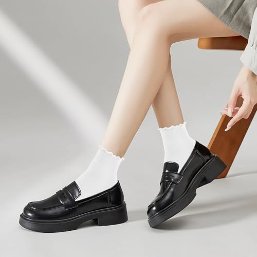 Image of MORECOO 6 Pairs Socks for Women, Cute Ruffle Frilly Ankle Socks, Cotton Lace Crew Socks for Mary Jane Shoes, 6 Pack