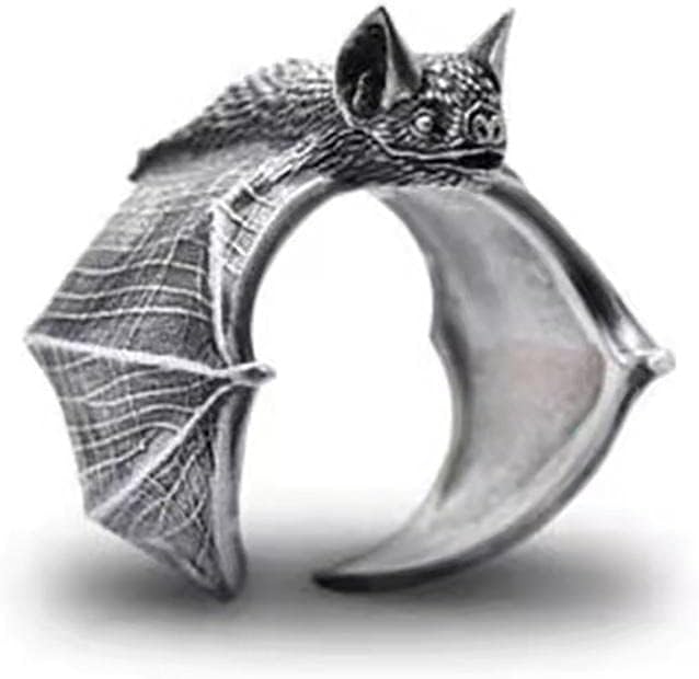 Shiker1PCS Vintage Gothic Bat Ring Silver Adjustable Ring Bat Wing Open Ring Halloween Punk Finger Ring for Women and Men