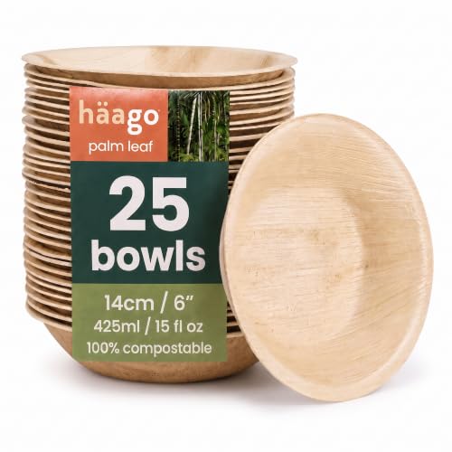 Haago 20 Pack Palm Leaf Bowls 6"/14cm (Round) Natural Disposable Bowls for Party, Wedding, Picnic - Better Than Paper Bowls Disposable Bamboo Bowls Disposable Plastic Bowls. Compostable Bowls by HAAGO - Used condition - CA$12.70