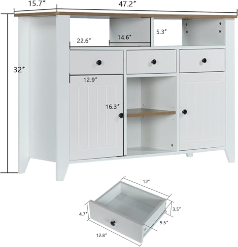 4ever2buy 47-Inch Farmhouse Coffee Bar Cabinet with Storage, 3 Drawers, 2 Doors, and Open Shelf for Living and Dining Rooms