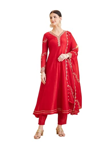Image of MOKOSH Women's Silk Embroidery Anarkali Kurta Pant with Dupatta | Anarkali Kurta Set |Ethnic Kurta Set for Women |Floral Kurta 7 Colour Options Available |3 Piece Outfit