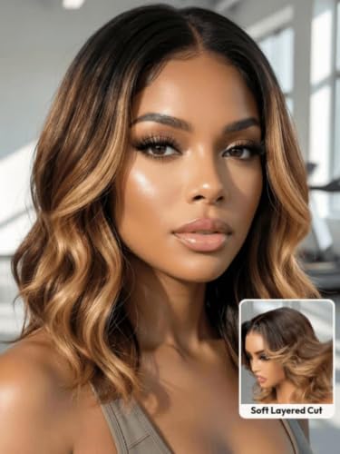 Image of Sunber Bye Bye Slip Ombre Brown Highlight Glueless Bob Wig Human Hair 7x5 Pre Cut Lace Front Loose Wave Drawstring Wig Blonde Face-Framing Highlights Pre Plucked Bleached Knots Ready to Go Wig 10Inch