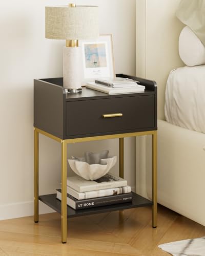 Image of Masupu Nightstand,Bedside Table 3-Tier Modern Night Stand with Storage Drawer and Shelf,Small End Side Table for Bedroom,Living Room,Black (Without Outlet, Black)