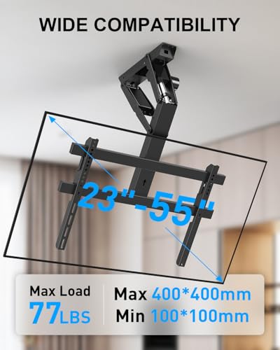 Image of Electric Ceiling TV Mount with Remote for 23-55 inch Flat Curved Screen TVs, Motorized Flip Down Ceiling Mount for Flat and Pitched Roof Indoor Outdoor, Drop Down VESA Mount Bracket, Black