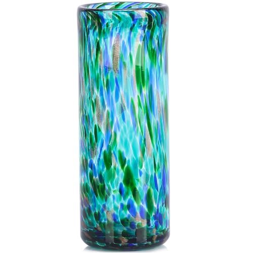 Jarrón verde azulado de 9.45 pulgadas de alto, jarrón de vidrio soplado a mano, moderno, centros de mesa para el hogar, jarrones de boca ancha para decoración de brotes y flores, ideal para sala de