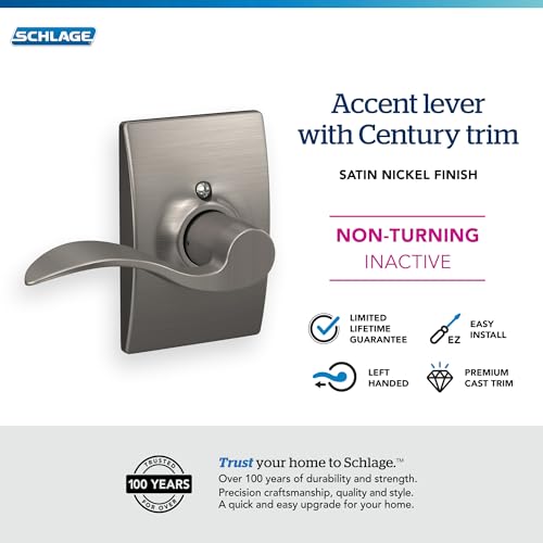 Image of Schlage Accent Lever with Century Trim Non-Turning Lock in Satin Nickel - Left Handed