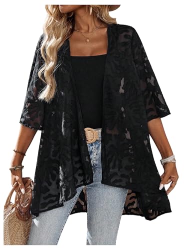 OYOANGLE Women's Lace Sheer Open Front Cardigan 3/4 Sleeve Lightweight See Through Jacket