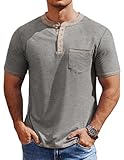 COOFANDY Henley Shirts for Men V Neck Vintage Tshirts Button Work Tees Plain T-Shirts with Pocket Short Sleeve Pullover Light Grey