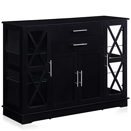 Belleze Sideboard Buffet Cabinet, 47 Inch Storage Cabinet Console Table Coffee Bar Cabinet Kitchen Cupboard Pantry Cabinet Glass Display Cabinet For Lving Room Entryway Dining Room, Black #TOP4