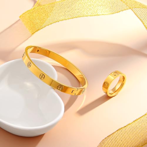 18K Gold Plated Friendship Love Bracelet with Ring Jewelry Set for Women Stainless Steel Cuff Oval Bangle Simple Hinged Cubic Zirconia Stones Bangle Cuff Best Gifts for Mother's Day Valentine's Day Wedding Couples and Birthdays3
