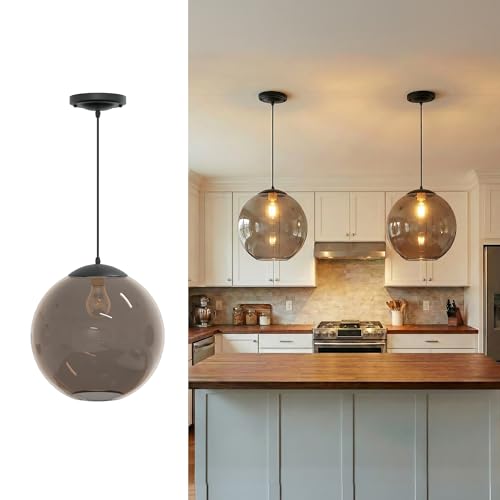 Image of KASTLITE 12 inch Acrylic Globe Pendant Light Fixture, 8W 3000K Filament LED Bulb, Ceiling Mount - Kitchen Pendant Lighting Over Island, Hanging Dining Light, Living Room Lamp - Bronze Shade, Black Base