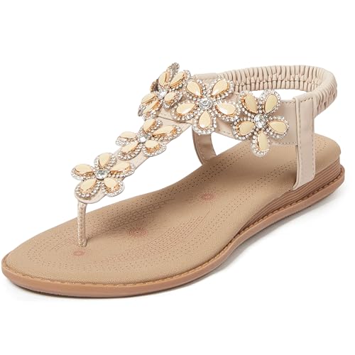 iCKER Women Rhinestone Sandals T-Strap Buckle Bohemian Pearl Crystal Flat Sandals-929-Apricot-8.5