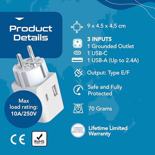 Image of Ceptics Travel Adapter India to European Plug Adapter, 3 in 1 Plug Adapter, Germany, France Schuko Adapter with 1 USB, 1 USB-C, Type E /F Europe Travel Adapter for Laptops, Phones, CE - RoHS, White 1pc