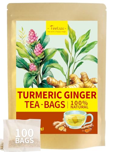 Image of TeeLux Turmeric Ginger Tea Bags, Spicy & Smooth Taste, Caffeine Free, 100ct | Natural Turmeric & Ginger Herbal Tea, Warming Spicy Notes, Sugar Free, Enjoy Hot or Iced