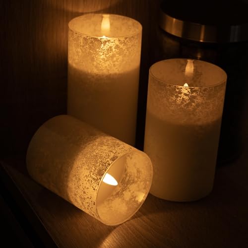 Image of White Glass Flameless Candles Remote Timer Wedding Decor Set of 3 | White Sandblasted Glass, Warm White LED Glow, Real Wax, 10 Key Remote, 2 4 6 8 Hour Timer, 3 Sizes
