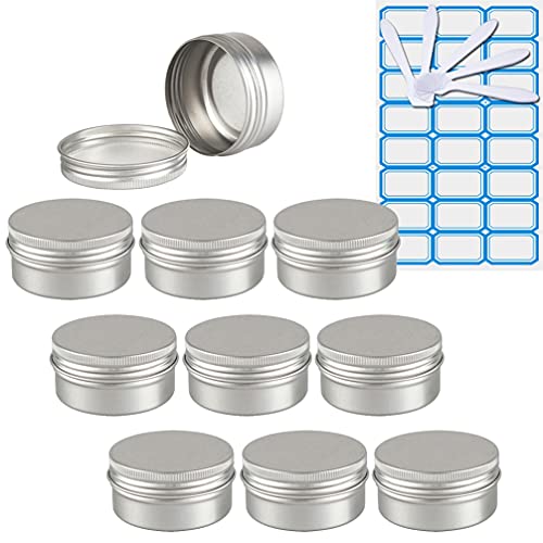ZEOABSY 10 Pièces 50ml Pots en Aluminium Vide Rond Argent Petit Cosmétiques Pot Conteneurs for Fait Main Bougies Crème Baume Voyage, 5X Spatule, 1x...